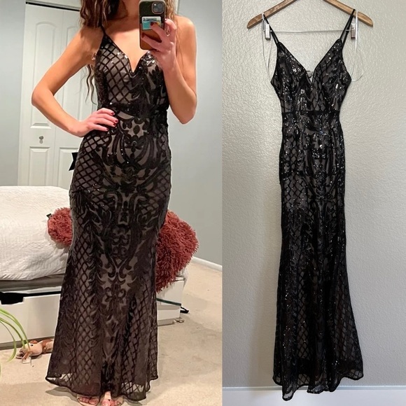 Flirty Fate Black and Beige Sequin Cutout Maxi Dress - Picture 1 of 9